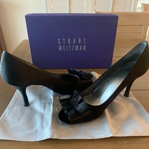 Stuart Weitzman Peep Toe Satin Ruffle Heels